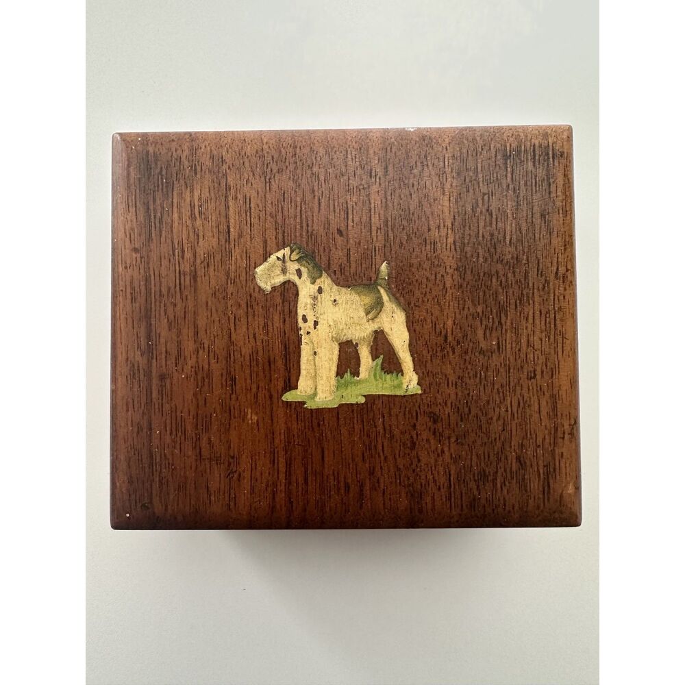 Vintage Rustic Wooden Trinket Box Painted Terrier Dog Jewelry Cigar Box Decor